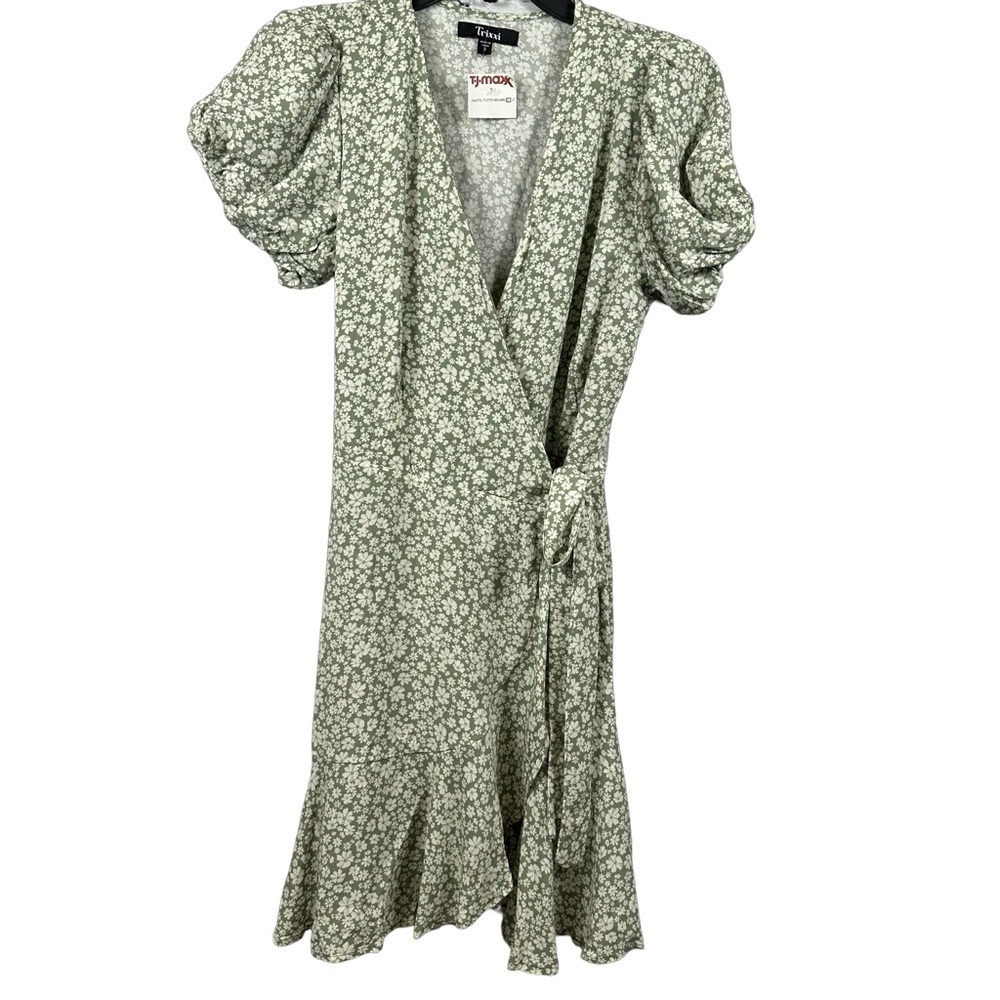 Trixxi Juniors’ Puff Sleeve Wrap Dress Side Tie Floral Print Green & Ivory S NWT